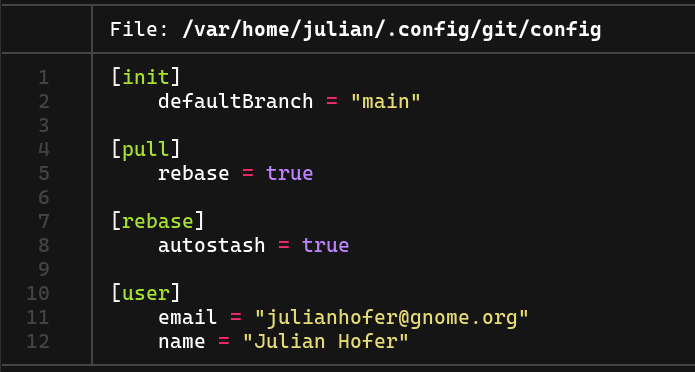 The content of git config on a terminal as displayed by bat with syntax highlighting